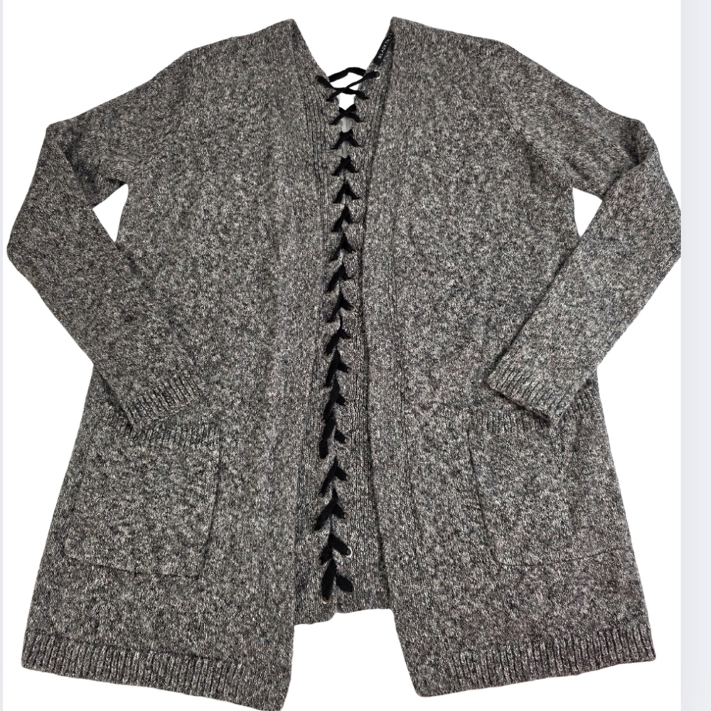 Black Tape M Lace-Up Back Cardigan Sweater Black Gray 1748-n